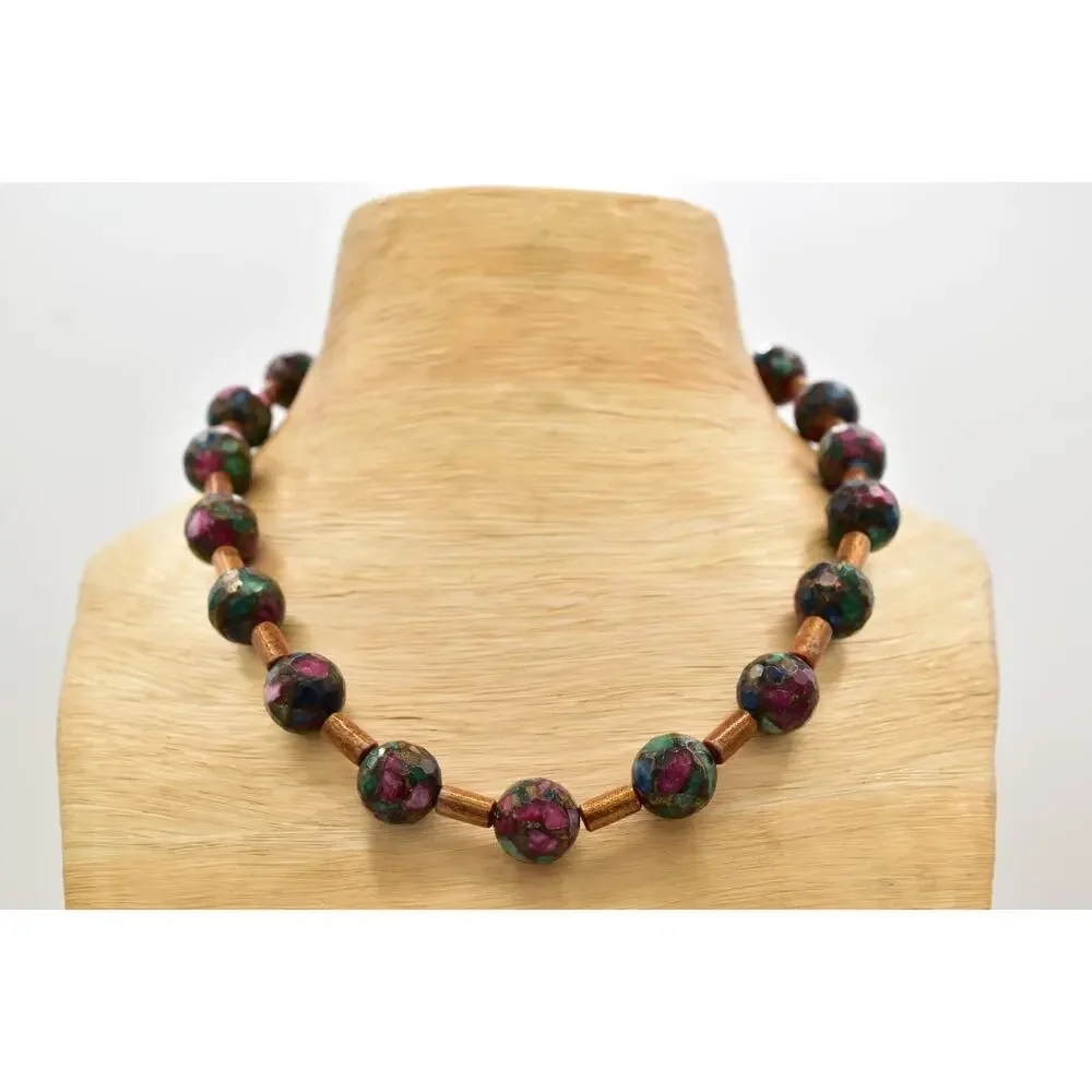 Vintage Mosaic Faceted Marble Beaded Necklace Multi-Color Chunky 1960s BinBD